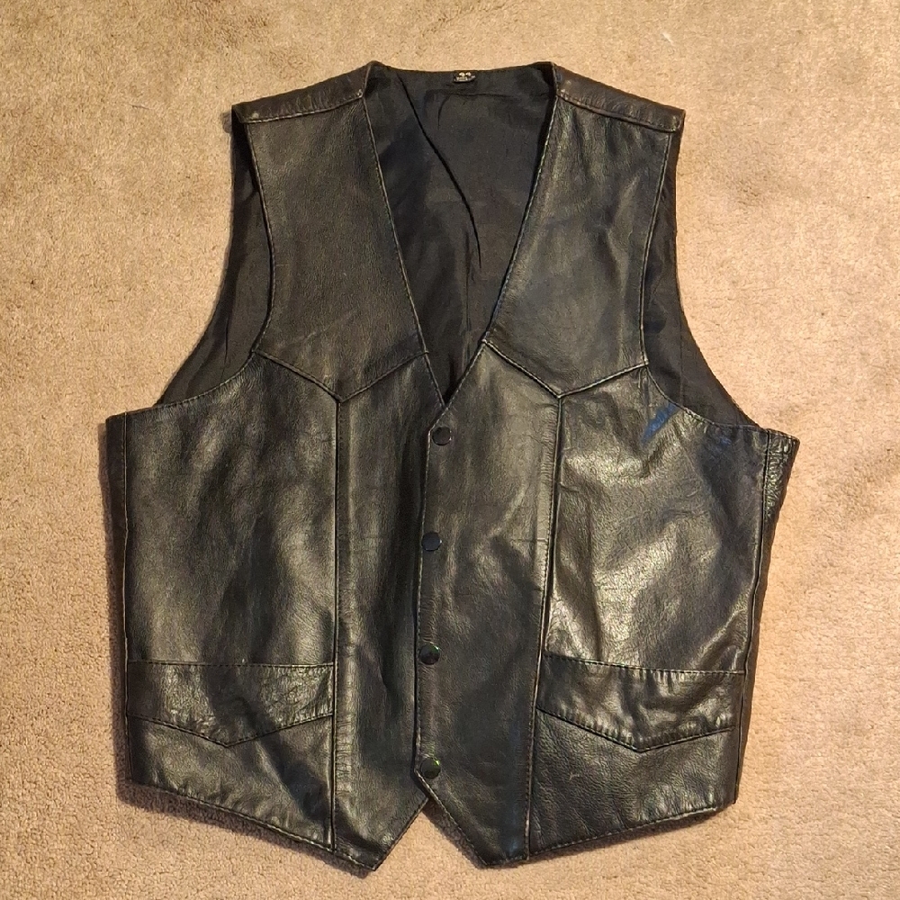 Black Leather Vest with V-Neck and Smooth Finish